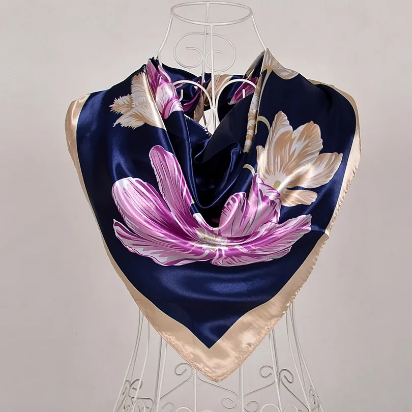navy blue purple 563 Весна и осень женский атласный шарф, большой квадратный шарф с принтом, женский шарф, фиолетовый полиэстеровый шелковый шарф, шаль 90*90 см - Цвет: navy blue purple 563