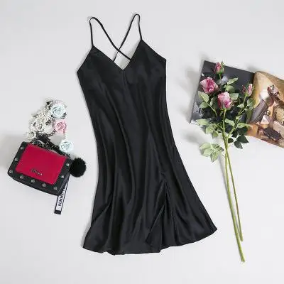 Ночная рубашка, платье для дома, Дамское ночное белье, сексуальная ночная атласная ночная рубашка, шелковое белье 919 - Цвет: Черный