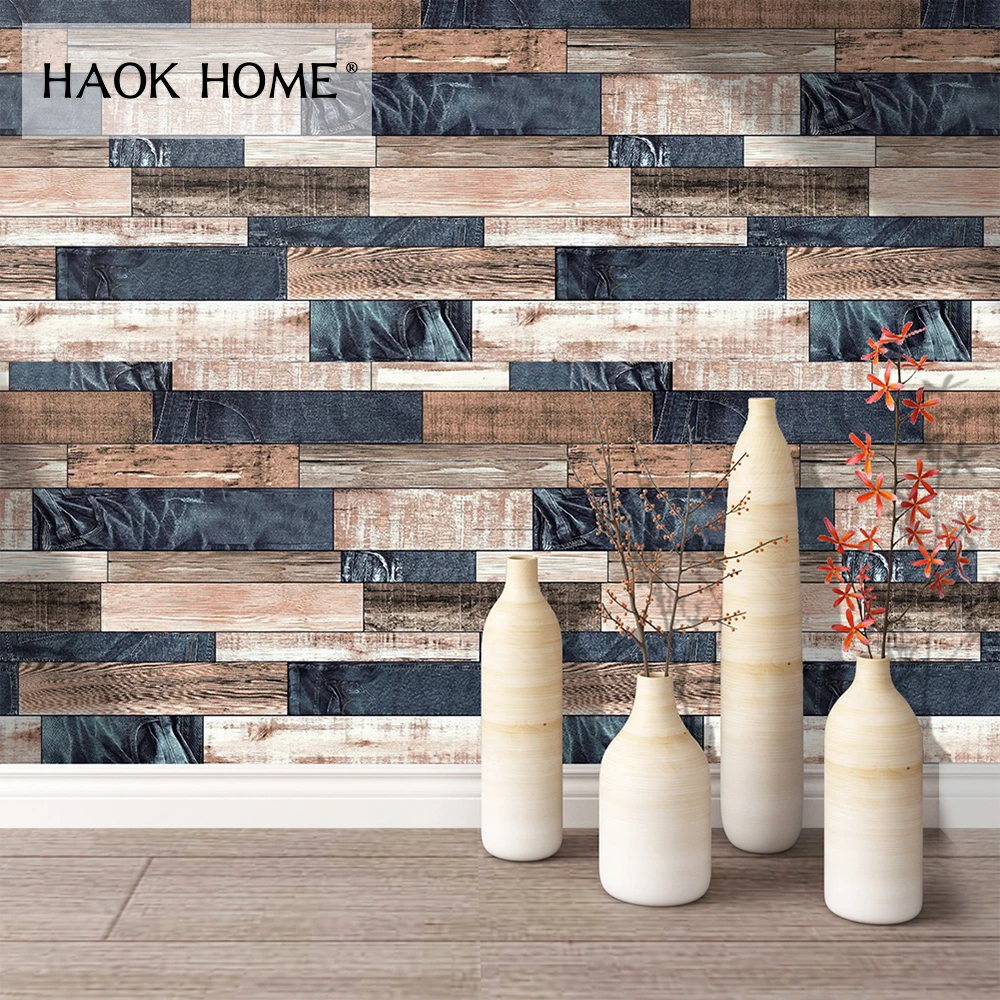

HaokHome Wood Wallpaper for walls 3D Blue/Brown Vinyl Contact Paper Home Kitchen Bedroom Living room Home Wall Decor