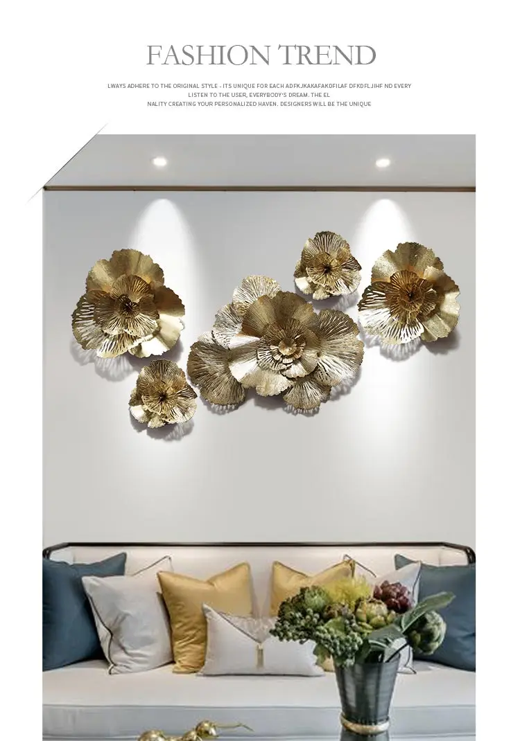 Wall Mural Decoration Home Livingroom Crafts Hotel Porch Wall Sticker Ornaments Modern Wrought Iron 3D Wall Hanging Gold Flower 12