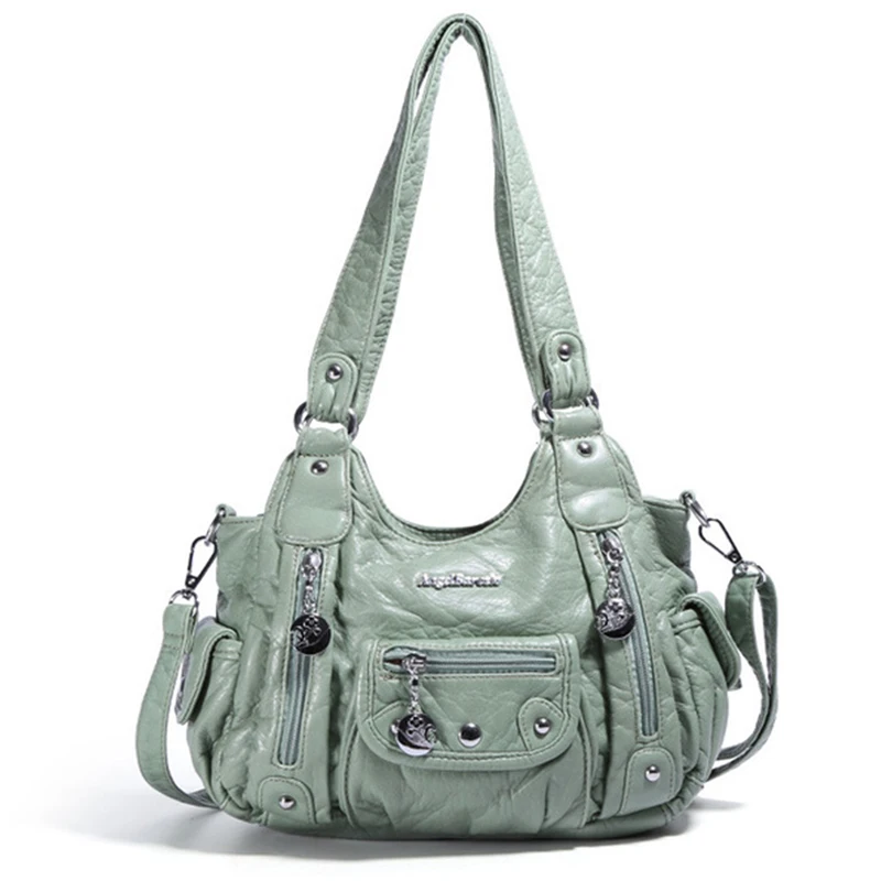 

2019 New High Quality Washed PU Leather Women ShoulderBag Female Fashion Large Capacity Casual Totes Multi Pocket Zipper HandBag