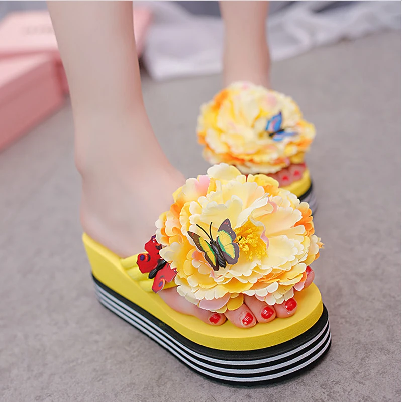 

Platform Shoes Women Slides Flowers Wedge Sandals Butterfly Floral Summer Beach Handmade High Heels 6 CM Fashion Non-Slip Shoes