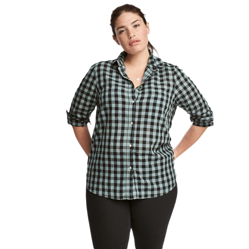 Plus size long sleeve gingham lapel collar shirts for
