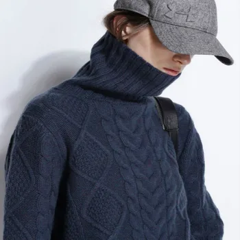 

Autumn and Winter Fashion Flax Sweater Wool High-collar Sweater Pullover Thickened Loose Twisted Cashmere Knitted Undershirt