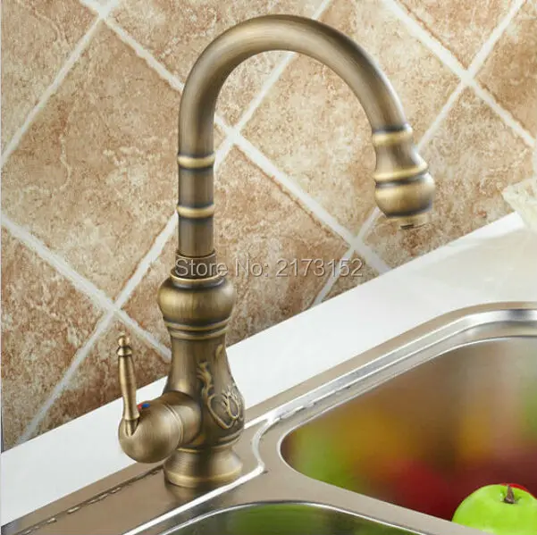 

Free Shipping Antique Brass Rotatable Single Handle Kitchen Faucet Curved Swivel Brass Basin Sink Mixer Tap A-006