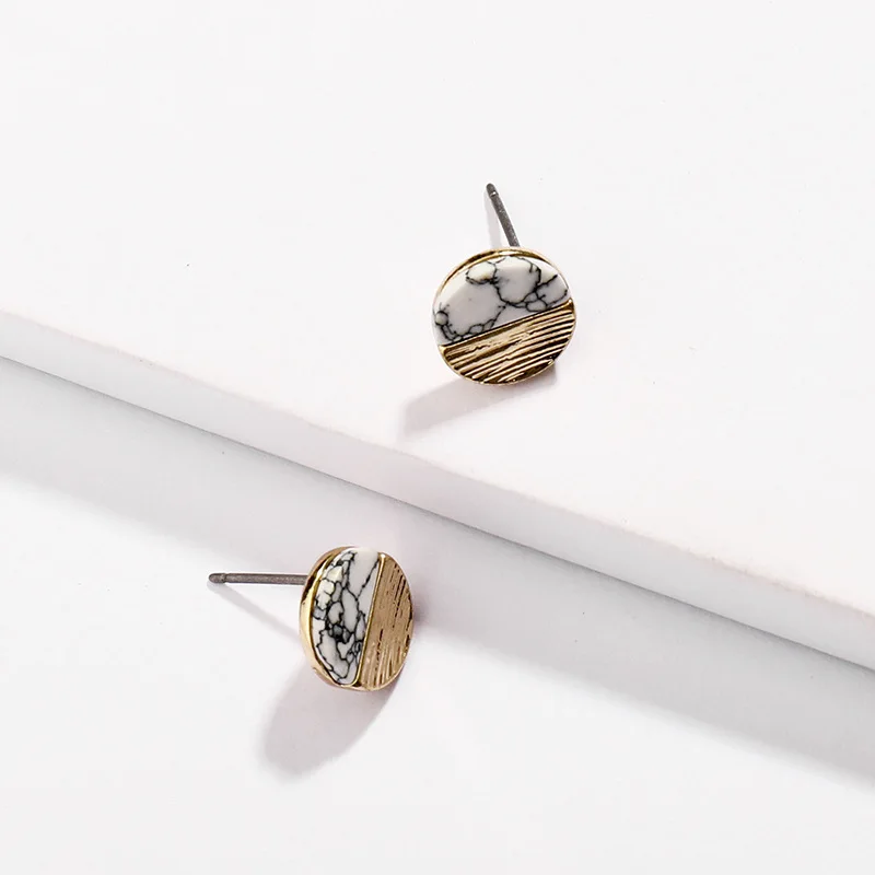 

HUIDANG Fashion Gold Plating Mini Semi Circle White Black Marble Stone Stud Earrings for Women