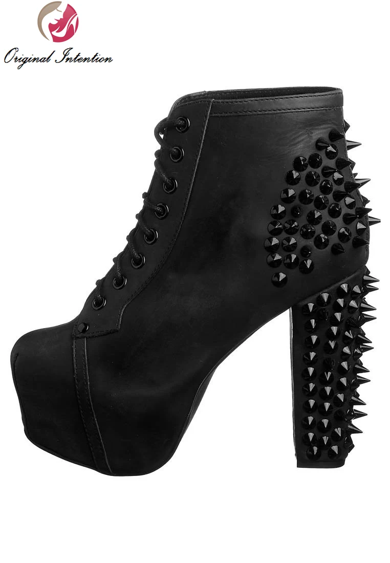 

Original Intention Fashion Plus Size 4-15 Women Ankle Boots Sexy Rivets Round Toe Square Heels Boots Black Shoes Women