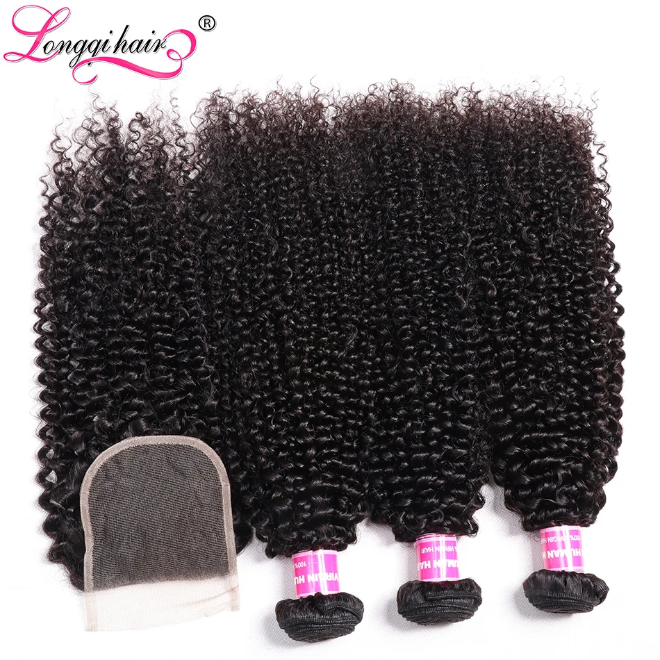 Longqi Remy человеческие волосы пряди кудрявых волос с закрытием натуральный цвет бразильские кружева закрытие и 3 пучка волос ткет