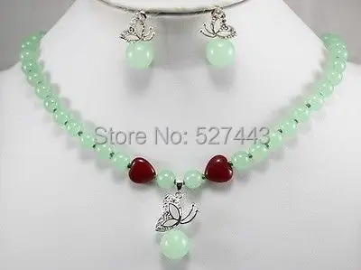 

Wholesale JWEW6553 >>Beautiful jewelry green jade necklace butterfly pendant earrings set