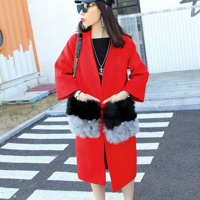 Модная кашемировая брендовая Осенняя серая Женская куртка в винтажном стиле зимнее черное длинное шерстяное пальто дизайнерское роскошное пальто с лисьим мехом и карманами 6XL