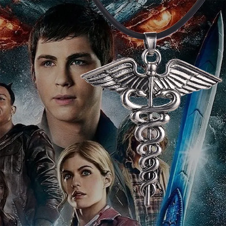

New 2015 Hot Wholesale Percy Jackson Angle Wings Magic Wand Caduceus Pendant Necklace Movies Jewelry
