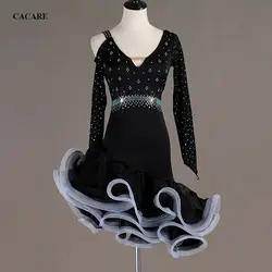 CACARE латинское танцевальное платье женское Сальса танцевальная одежда лирические танцевальные костюмы D0546 Стразы длинный сетчатый рукав