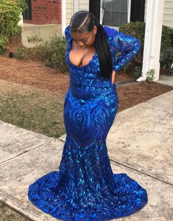 Plus Size Royal Blue Mermaid Prom Dresses 2019 New Long Sleeve Floor