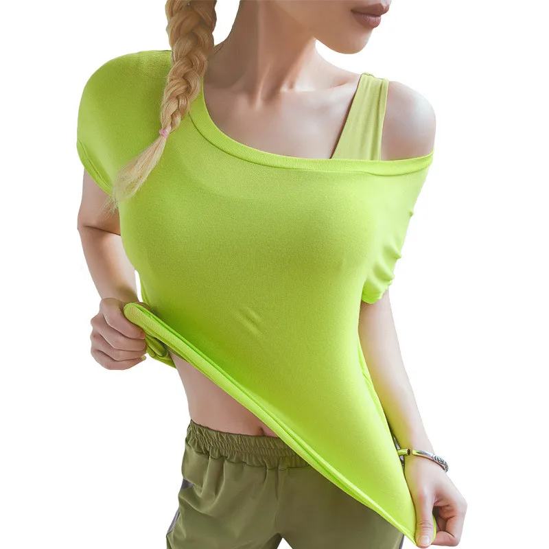 

2019 Women Sexy Strapless Workout Running T-shirt Short Sleeve Sport Shirt Gym Fitness Sport Top Loose Breathable Yoga Tops
