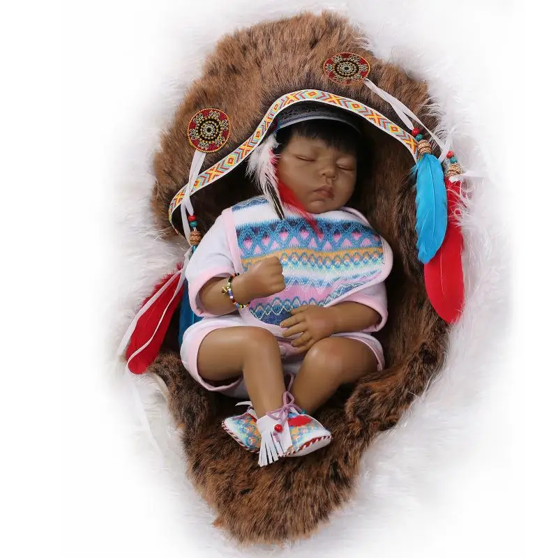 

55cm native American Indian Doll Baby Newborn Doll Black Skin Baby Reborn de silicone Interactive Education Doll Christmas Gifts