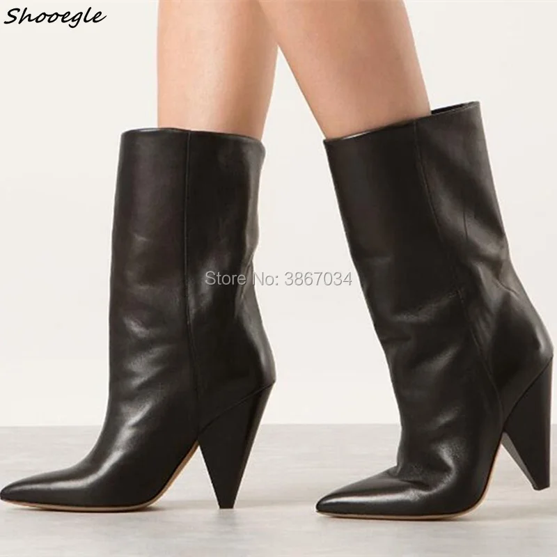 

SHOOEGLE Brand Fashion Women Ankle/ Knee High Boots Spike Heel Motorcycle Booties Pointed Toe Cone Heels Black Blue Green Red