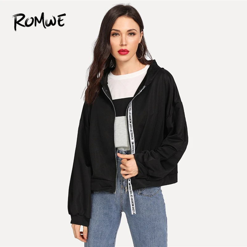

ROMWE Black Ribbon Letter Tape Strap Hooded Jacket Womens Jackets And Coats Casual Autumn 2018 Clothing Zip Up Hoodie Outerwear