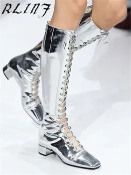 

RLINF Flat with Fashion Silver Lace Up Women's Boots High Boots