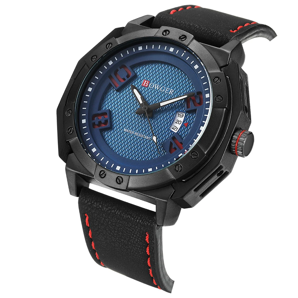 2018 BOWGER Men's Fashion Sport Watches Men Quartz Analog Date Clock Man Leather Military Waterproof Watch Relogio Masculino (4)