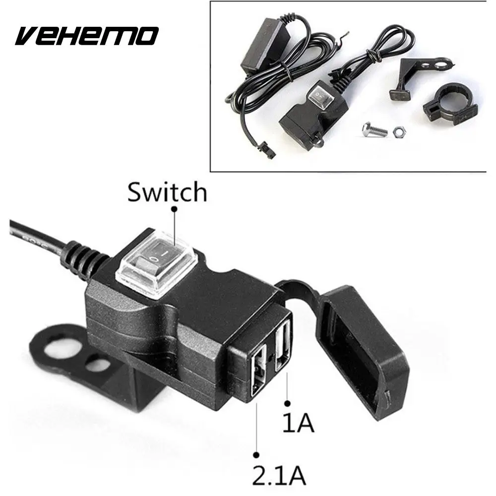 

Vehemo Dual USB Auto Charger Motorcycle Handlebar Car Quick Charger GPS Navigator Charger Socket for Waterproof Switch Phone
