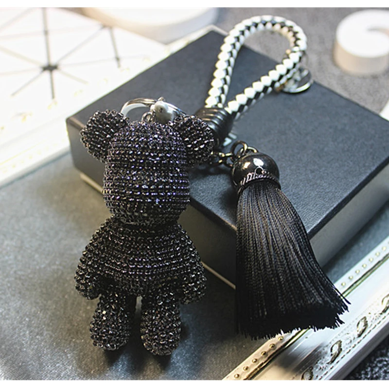 Luxury Handmade Rhinestones Crystal Bear Keychain Leather Tassel Car