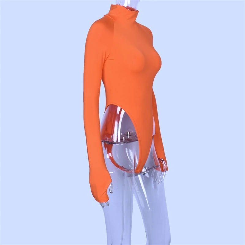 Сексуальная Bodycon высокий разрез с длинным рукавом неоновый зеленый комплект для женщин Kawaii оранжевый черная Женская Rave боди с высоким