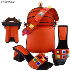 Комплект из итальянских туфель и сумочки оранжевого цвета, модные женские туфли-см лодочки, комплект вечерние ель и сумочки 8 см для, 38-43, B811-24