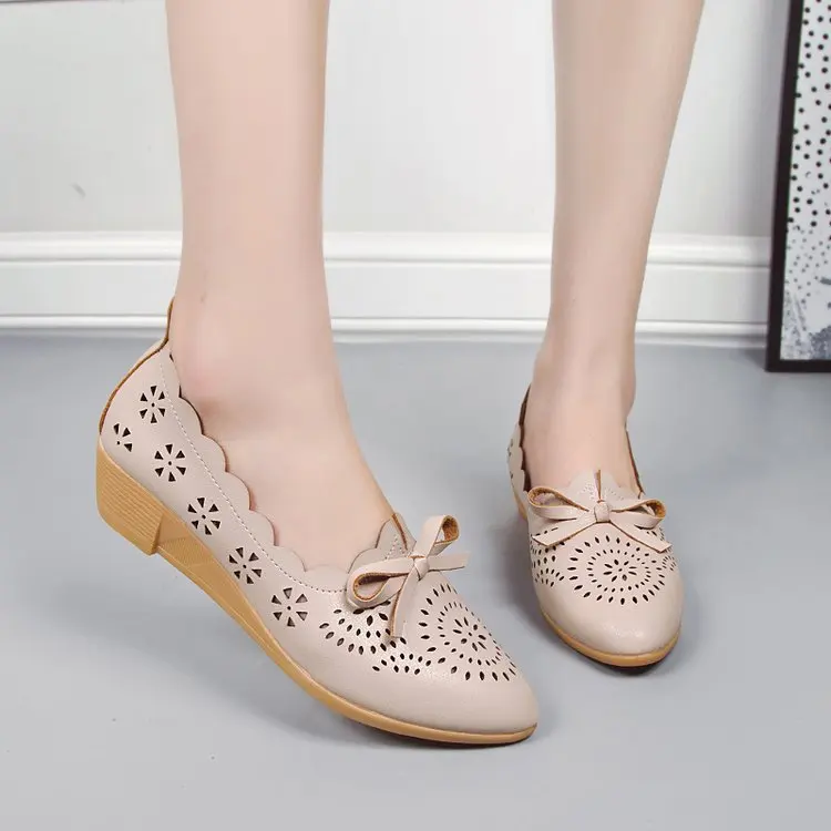 

Wedge Hollow Out Low Heel Single Shoes Women Round Head Nude Bow Soft Bottom Hole Shoes Pregnant Woman Mother Shoes Big Size 41