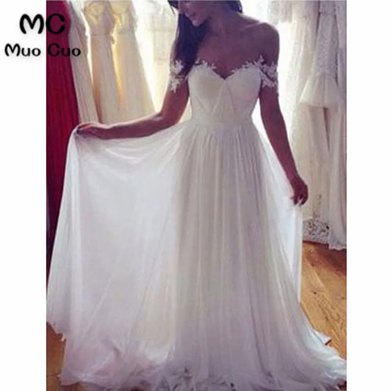 A-line Off-Shoulder Sweep Train Chiffon White Wedding Dresses With Appliques e