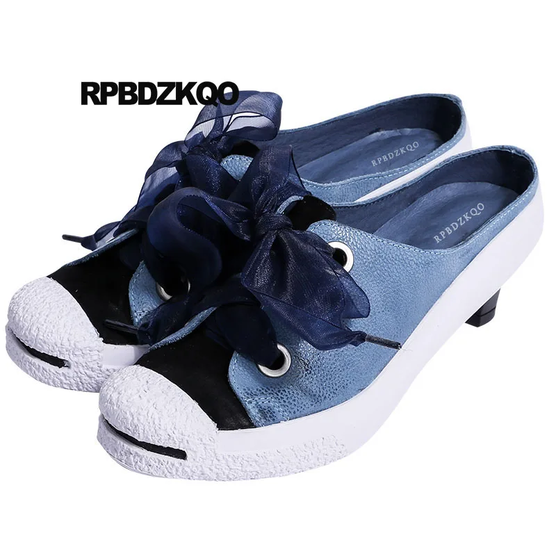 

Slides Spring Autumn Slippers Lace Up Mules Designer Shoes Women Luxury 2018 Blue Platform Genuine Leather Round Toe Beautiful