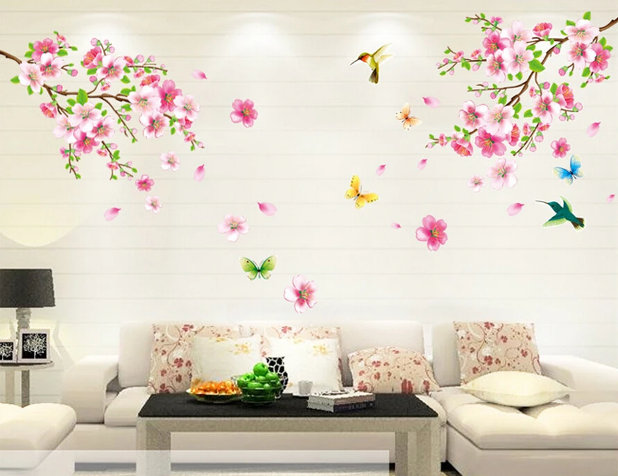 3D Розовый Вишневый цветок стикер на стену искусство домашний декор графические Цветы Лепестки дерево