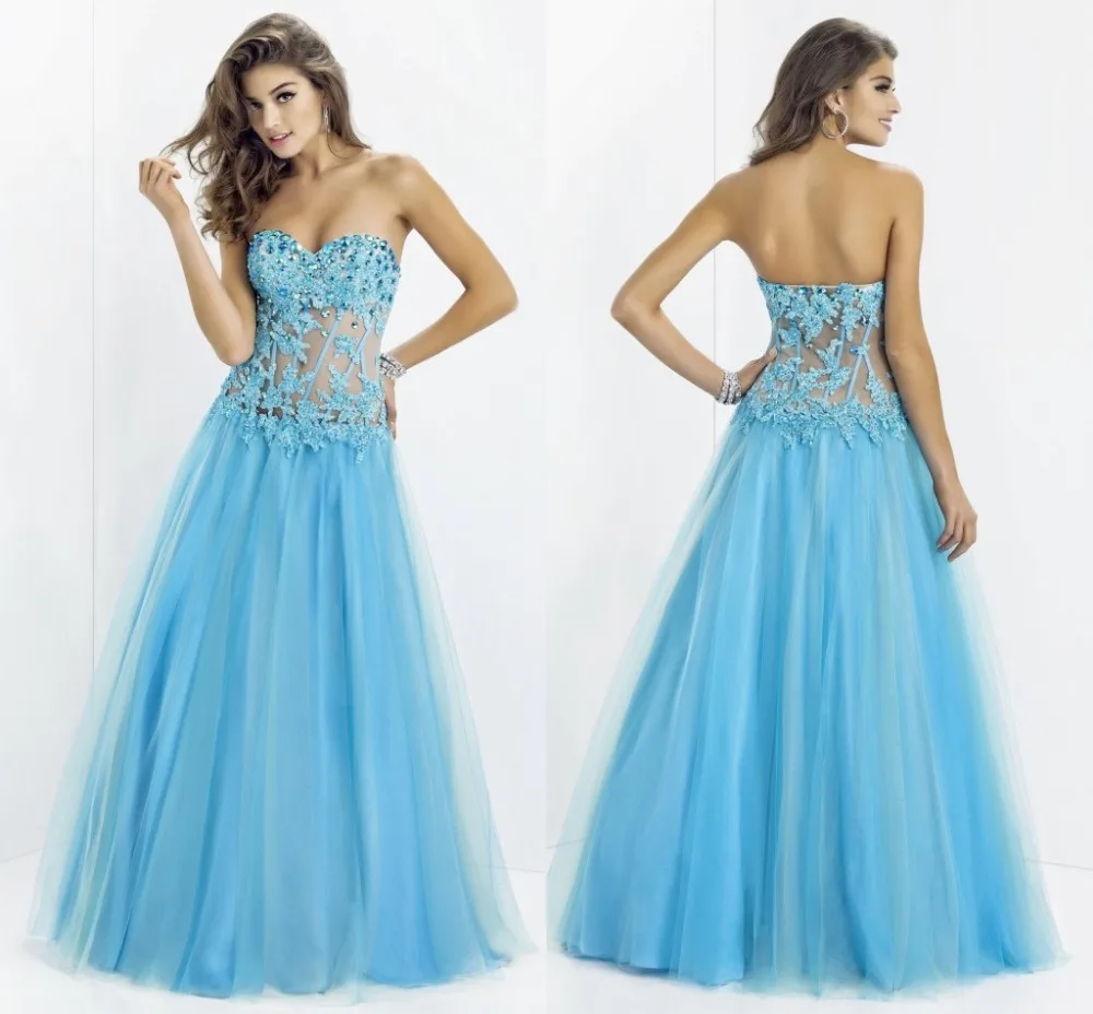 Blue Color Girls Evening Dresses Sweetheart Clear Material Long Prom Dress Covered With Crystal Sequins Sleeveless Sexy Design | Свадьбы и