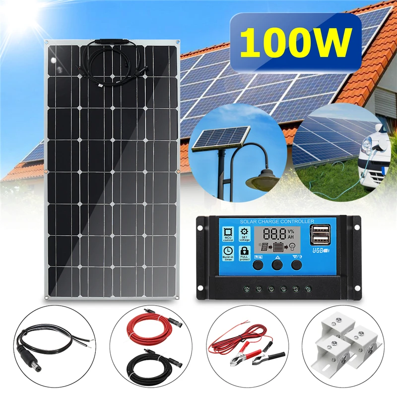 

6in1 100W 12V Solar Panel Kit Extension Cord 30A PWM Multifunction Controller Alligator Clip Mounting Bracket 30cm DC Cable