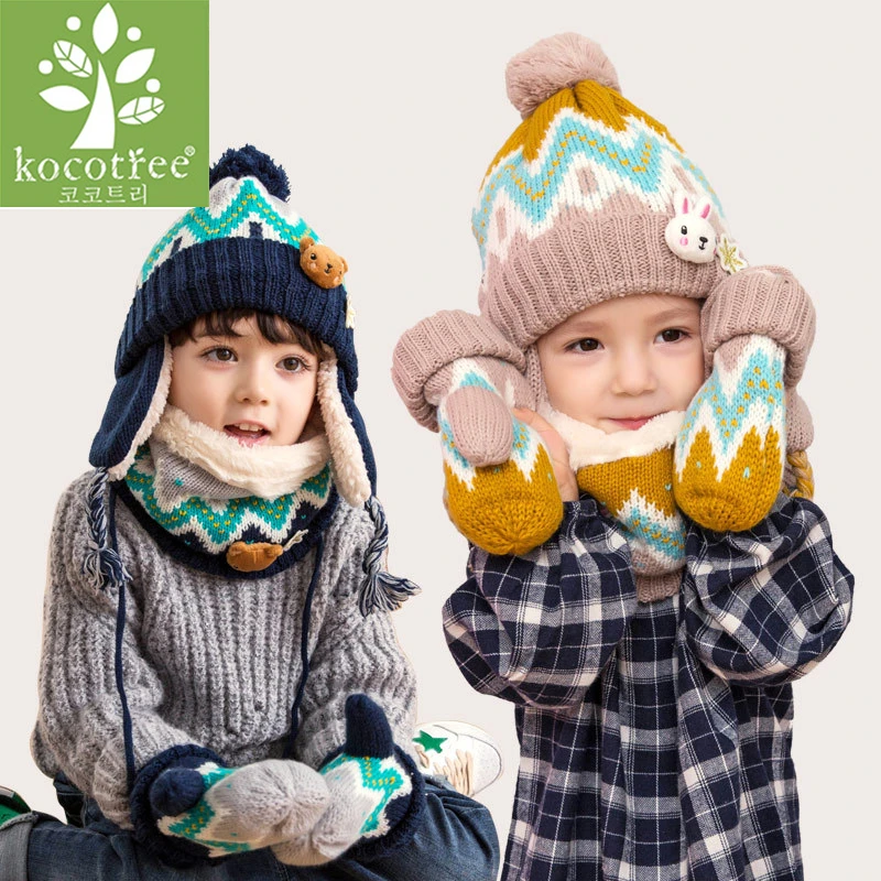 Tanie Unisex dziecko czapki zestaw czepków dzieci Cartoon wzór ze zwierzętami pasek dzianiny dodaj aksamitny kapelusz i szalik ciepły zimowy garnitur zestaw dziewczyny rękawiczki