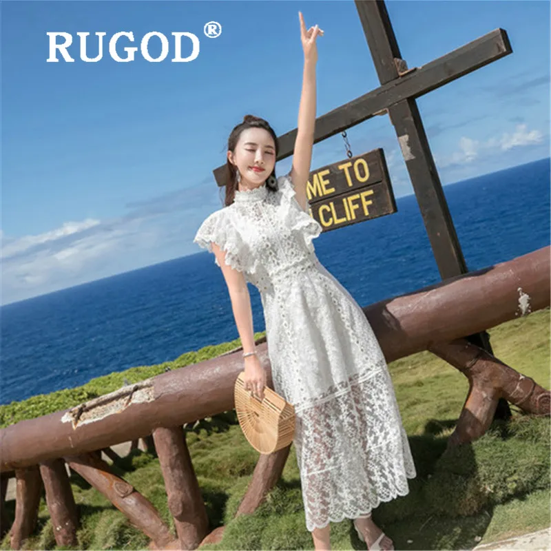 Женское винтажное кружевное платье RUGOD белое ажурное с оборками длинными