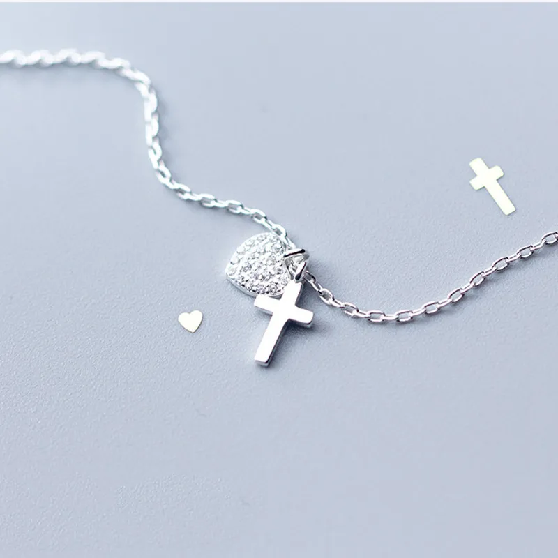 INZATT Real 925 Sterling Silver Zircon Heart Cross Pendant Choker Necklace For Fashion Women Fine Jewelry Cute Accessories