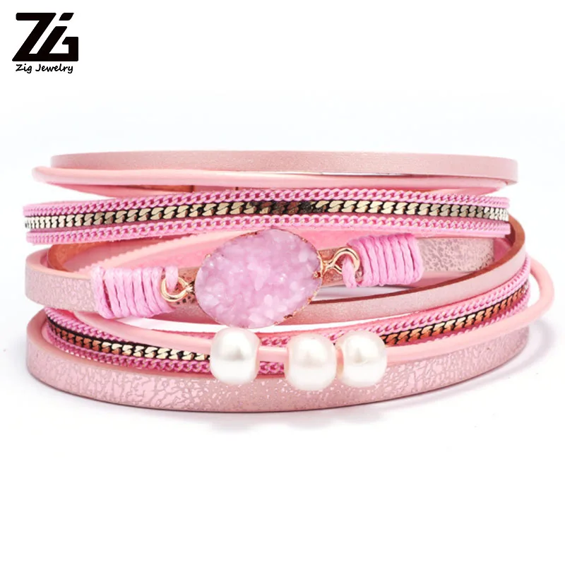 ZG Очаровательные кожаные браслеты для женщин и мужчин, несколько слоев, браслеты, Пара подарков, модные ювелирные изделия - Окраска металла: pink