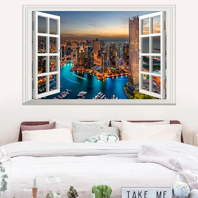 false window dubai harbour night view 3d wall sticker pvc material