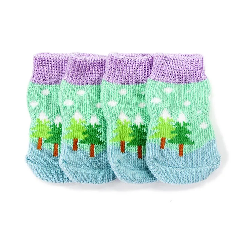 4pcs Pet Dog Knit Socks Christmas Pattern Printed Non-slip Cotton Socks Paws Cover Warm Shoes S M L XL - Цвет: Зеленый