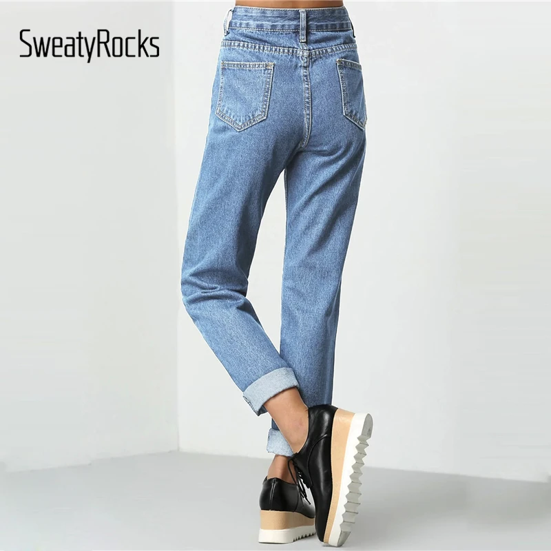 SweatyRocks Rolled Up Mom Jeans Streetwear Women Casual Loose Solid Pants And Trousers 2019 Spring Zipper Fly Basics Jeans SweatyRocks Rolled Up Mom Jeans Streetwear Women Casual Loose Solid Pants And Trousers 2019 Spring Zipper Fly Basics Jeans