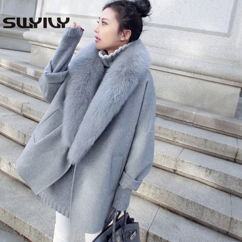 

SWYIVY Woman Woolen Jacket Coats Large Fur Collar Warm 2018 Winter New Female Loose Coat Long Desgin Woman Woolen Coats Outwear