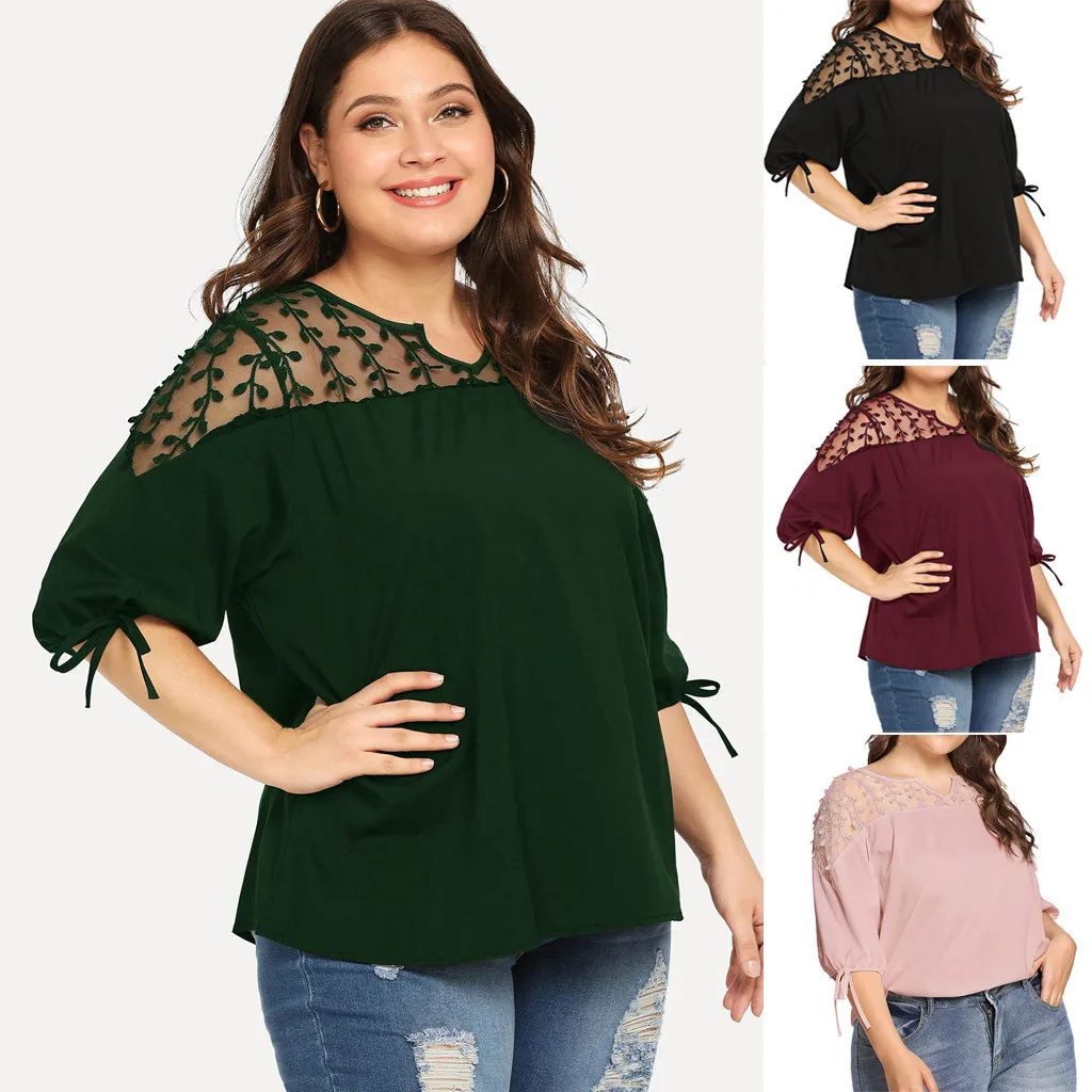 Plus Size Summer Fashion Casual Chiffon Tops Bow Blouse Mesh Tee Top Female Women's Half Sleeve Shirt  