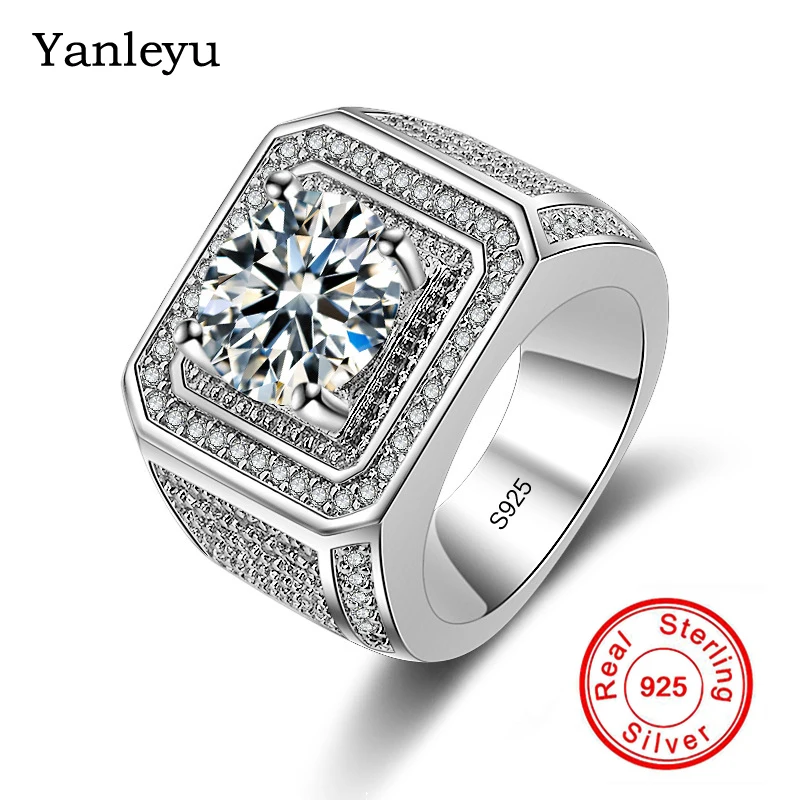 Yanleyu Victoria Wieck Men Fashion Jewelry Solid 925 Sterling Silver Big 2 Carat Round CZ Solitaire Ring Wedding Band Ring ZR024