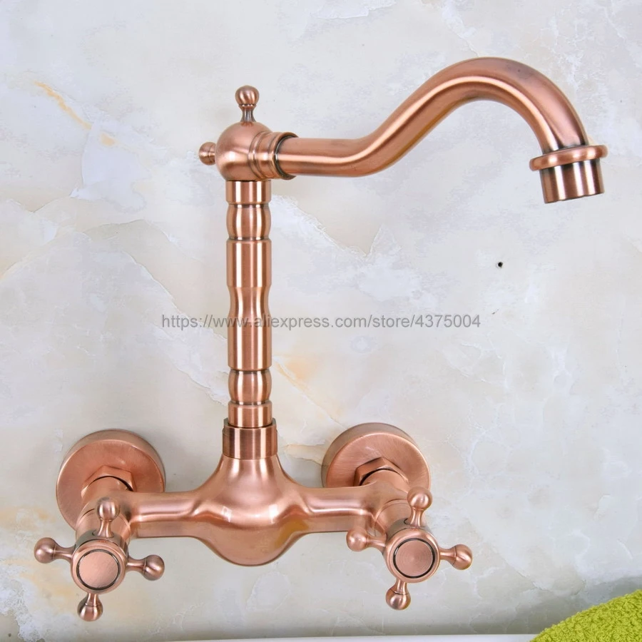 Antique Red Copper Kitchen Bathroom Basin Sink Faucet Vessel Tap Mixer Tap Dual Handles Wall Mounted Nnf945