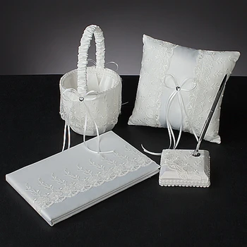 

White Color Lace Wedding Collection Set in Lace With Ribbon Bow (Set of 4 )