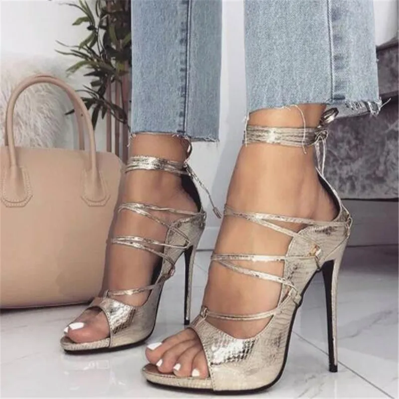 

Golden Woman Sandals Sexy Cut-outs Cross-tied Summer Gladiator Sandals 2019 Ladies Peep Toe Lace-up Dress Shoes Woman Pumps