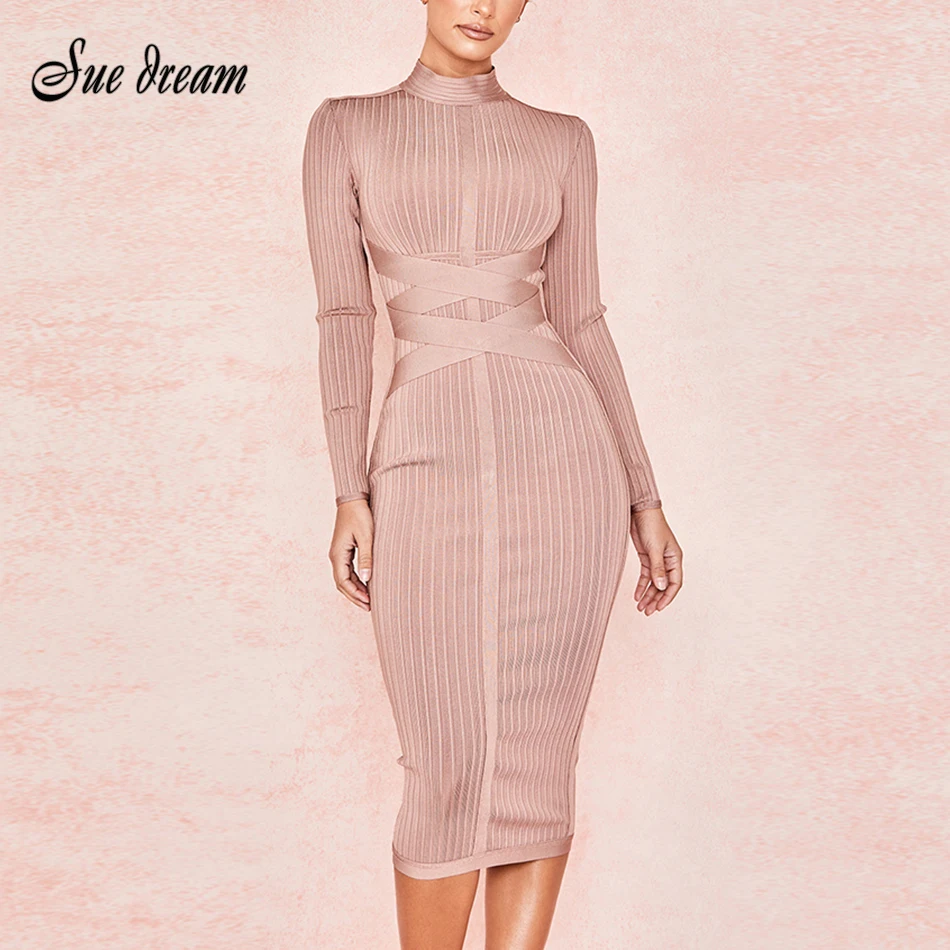 

2019 spring new nude color fashion winter cross long sleeve calf length sexy Bodycon Midi-Calf bandage women's dress
