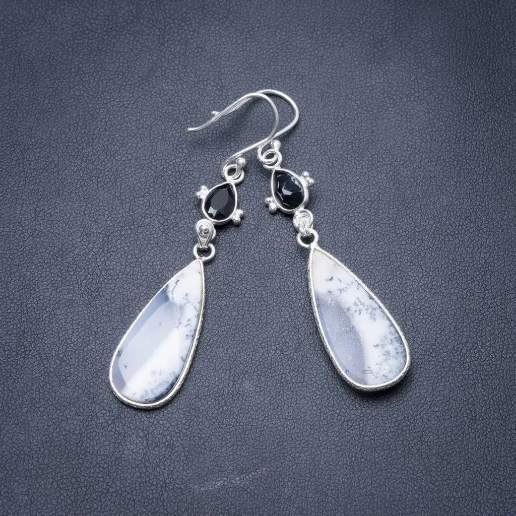 

Natural Dendritic Opal and Black Onyx Handmade Unique 925 Sterling Silver Earrings 2.5" Y3842