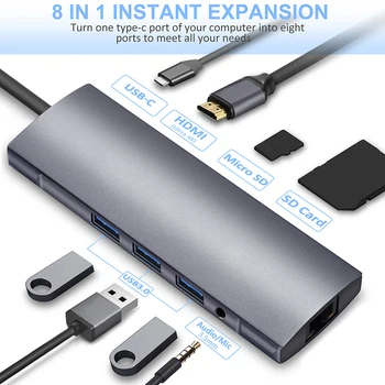 

9in1 Type-C To HDMI RJ45 3USB3.0 TF SD AUDIO PD Multifunctional Hub For Adapter