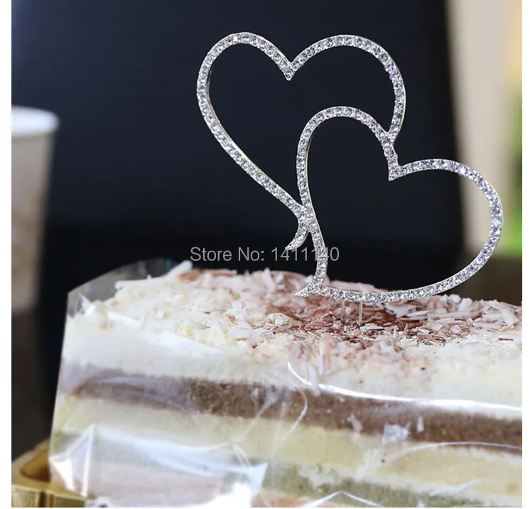 

free shipping 2pcs/lot Diamond Rhinestone Double Love Heart Cake Topper Wedding Anniversary Decoration